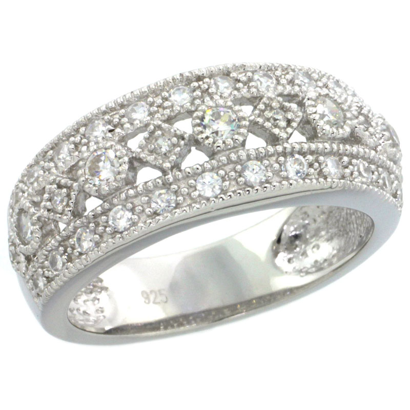 Sterling Silver Vintage Style Cubic Zirconia Ring all White Stones 5/16 inch wide, sizes 6-9