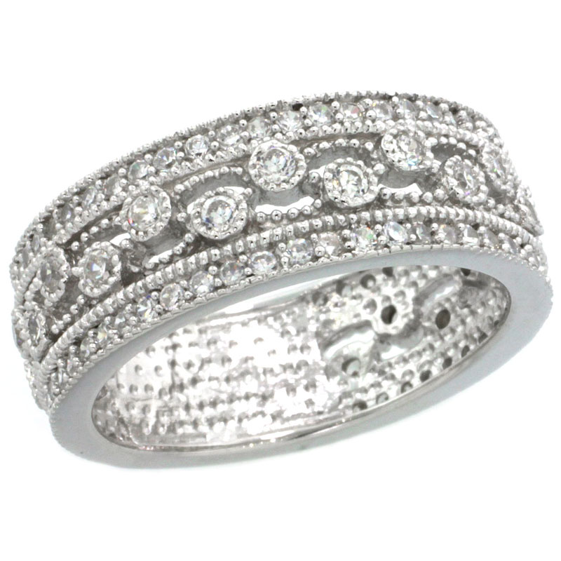 Sterling Silver Vintage Style Cubic Zirconia Ring Band All White stones 9/32 inch wide, sizes 6-9