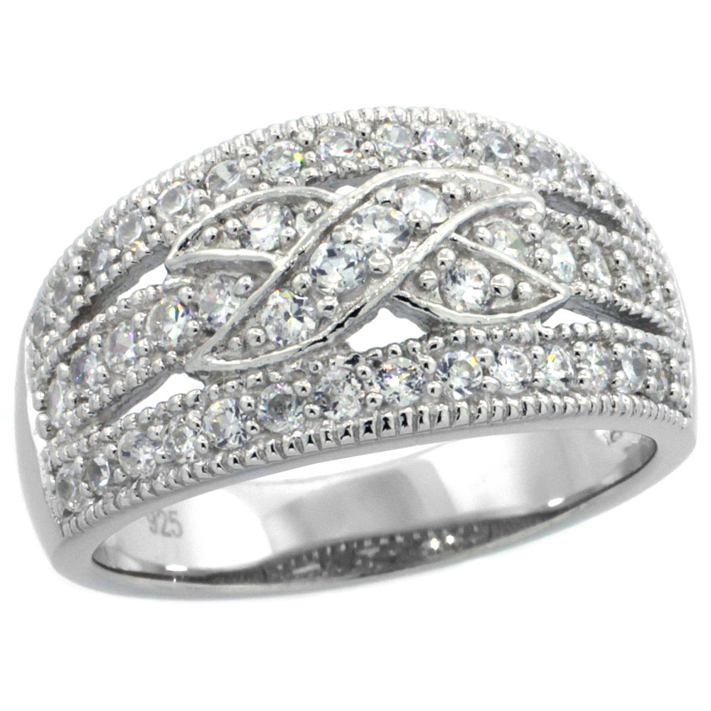 Sterling Silver Vintage Style Cubic Zirconia Cigar Band Ring Cross Center 7/16 inch wide, sizes 6-9