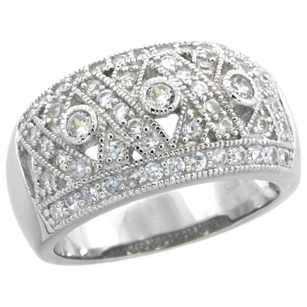 Sterling Silver Vintage Style Cubic Zirconia Crisscross Domed Cigar Band Ring 7/16 inch wide, sizes 6-9