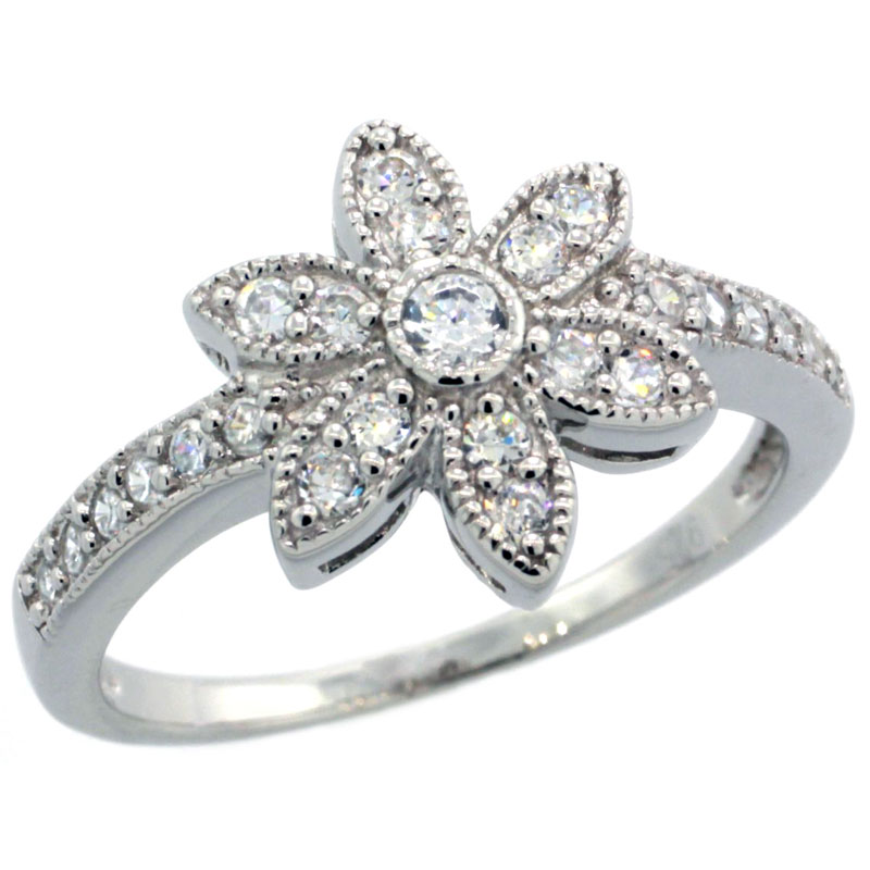 Sterling Silver Vintage Style Cubic Zirconia 6-Petal Flower Ring 1/2 inch wide, sizes 6-9