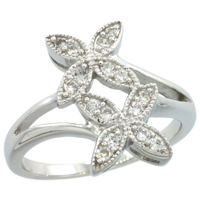 Sterling Silver Vintage Style Cubic Zirconia Double Flower Ring 5/8 inch wide, sizes 6-9