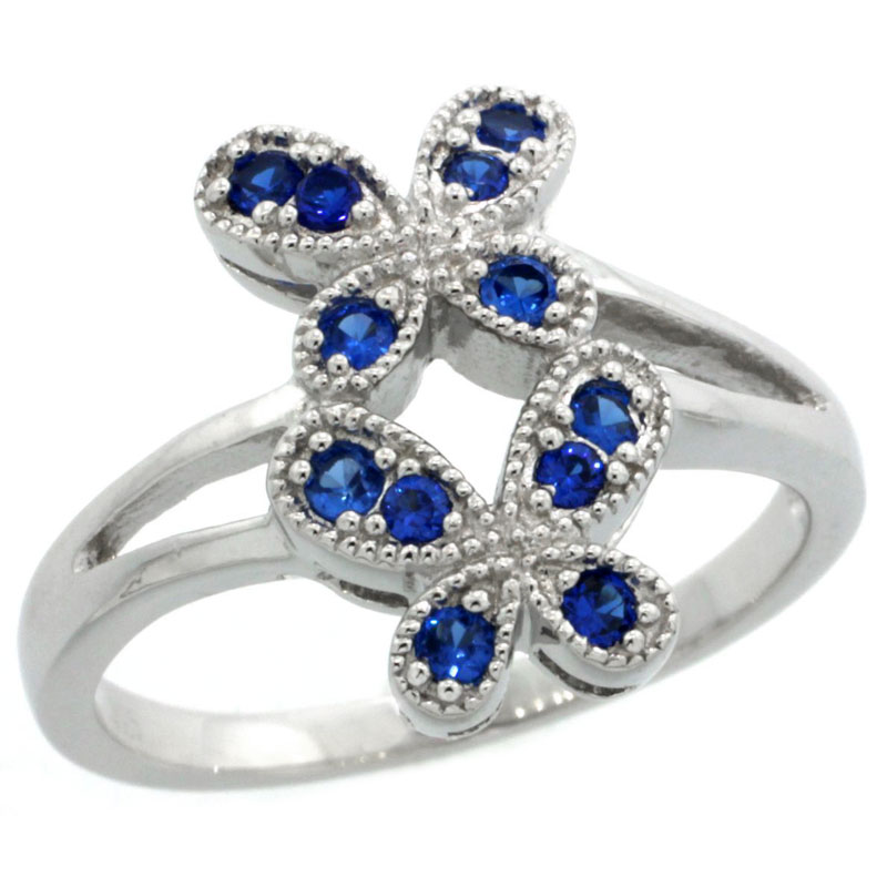 Sterling Silver Vintage Style Blue Sapphire Cubic Zirconia Double Butterfly Ring, sizes 6-9