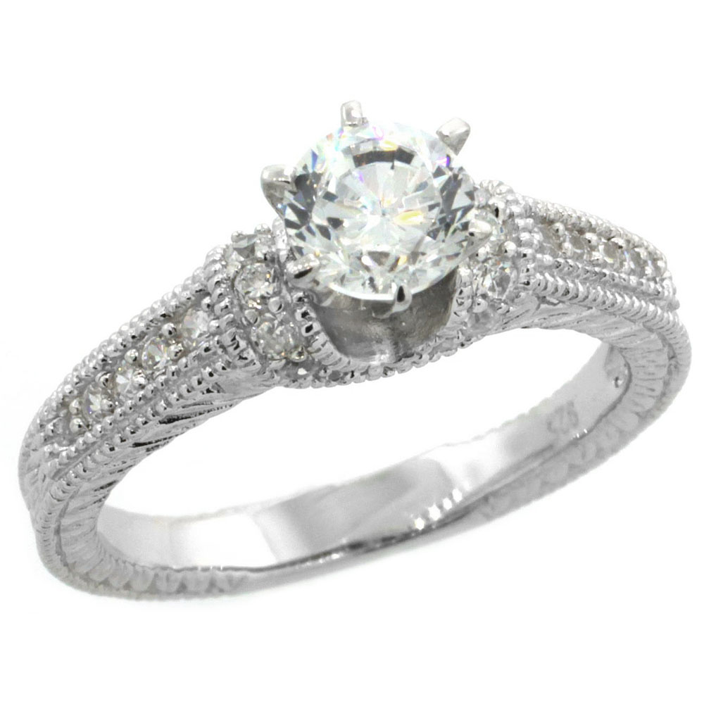 Sterling Silver Vintage Style Solitaire Cubic Zirconia Engagement Ring Round � ct center, sizes 6-9