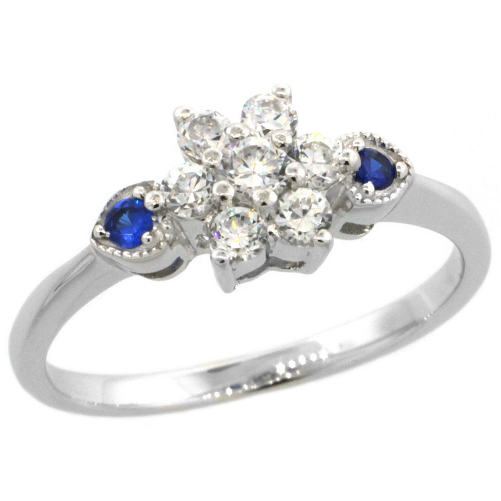 Sterling Silver Flower Cubic Zirconia Engagement Ring Blue Sapphire Color sides, sizes 6-9
