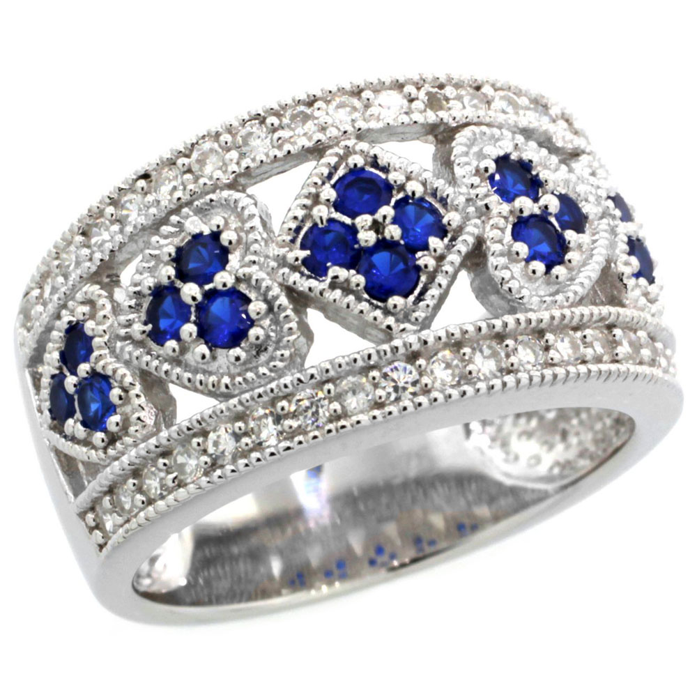 Sterling Silver Blue Sapphire Cubic Zirconia Cigar Band Ring Hearts &amp; Diamonds, sizes 6-9
