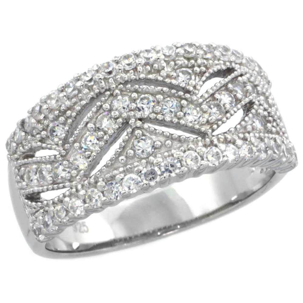 Sterling Silver Vintage Style Cubic Zirconia Cigar Band Ring Zigzag Pattern 3/8 inch wide, sizes 6-9