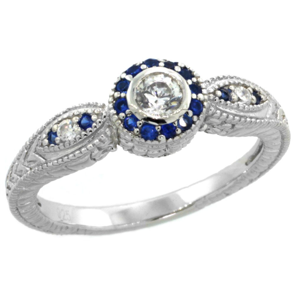 Sterling Silver Vintage Style Cubic Zirconia Halo Engagement Ring Blue Sapphire Color Accent, sizes 6-9