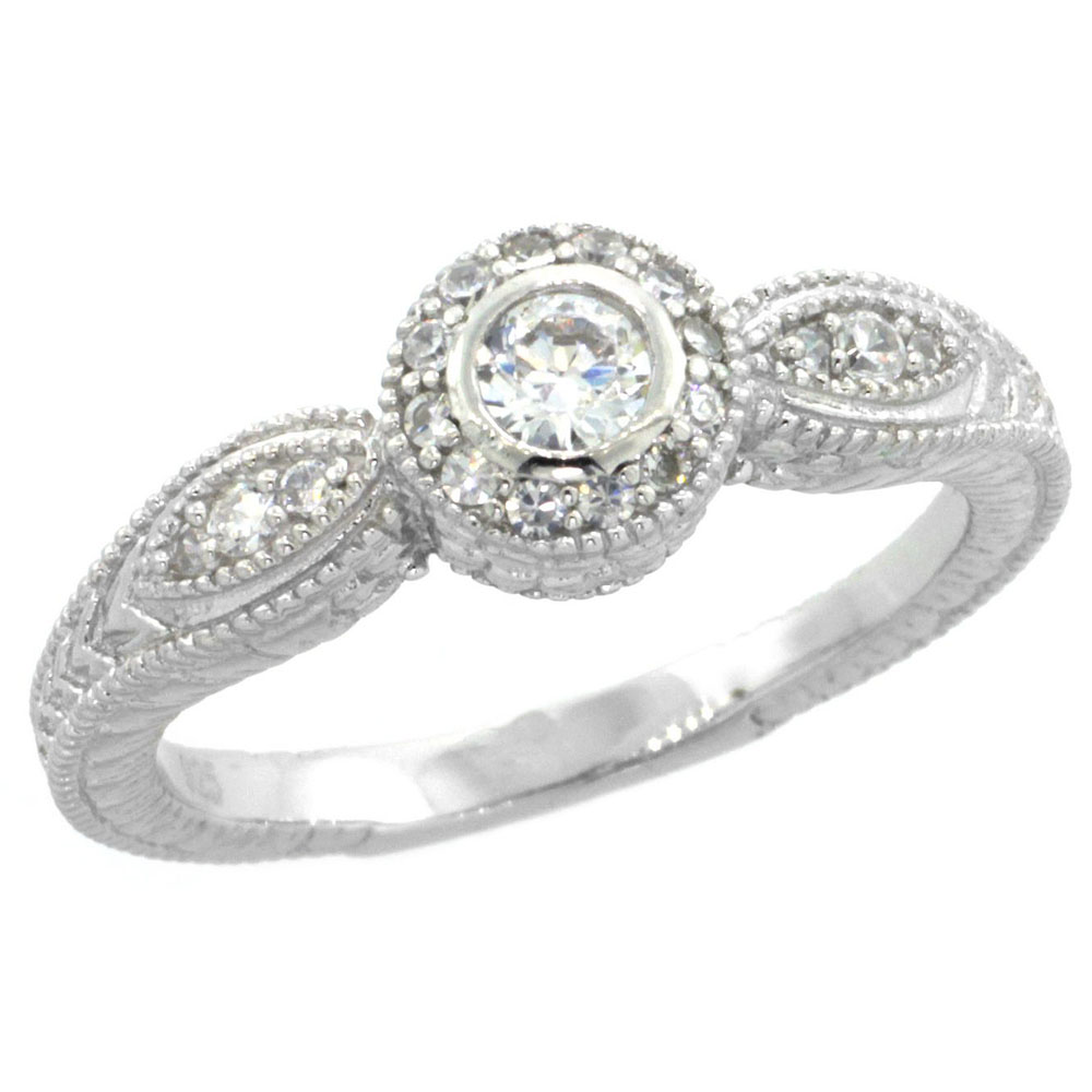 Sterling Silver Vintage Style Cubic Zirconia Halo Engagement Ring 1/4 ct Center, sizes 6-9