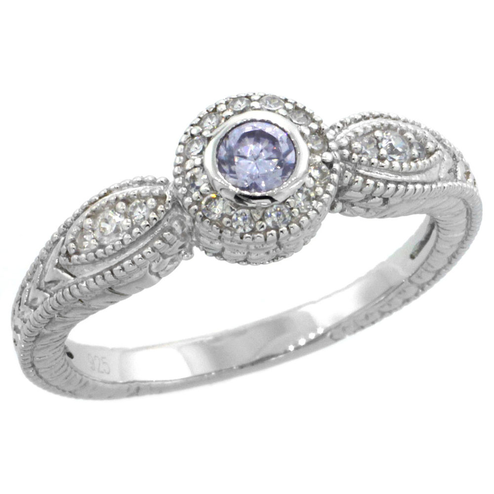 Sterling Silver Vintage Style Engagement Ring w/ Brilliant Cut Clear & Alexandrite (Center) CZ Stones, 1/4 in. (7 mm) wide