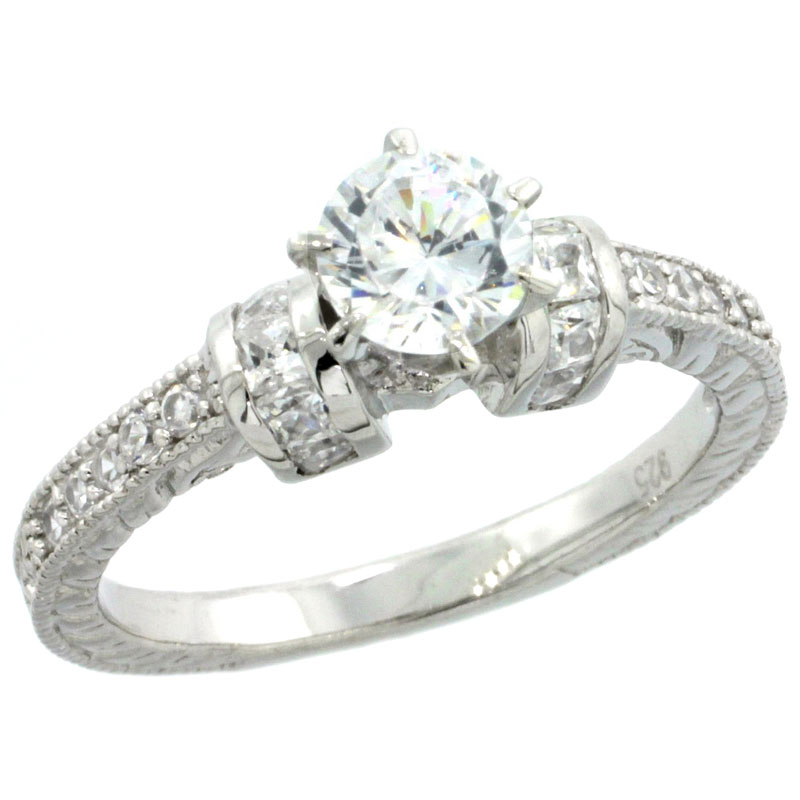 Sterling Silver Vintage Style Cubic Zirconia Engagement Ring � ct Center, 13/16 inch wide, sizes 6-9