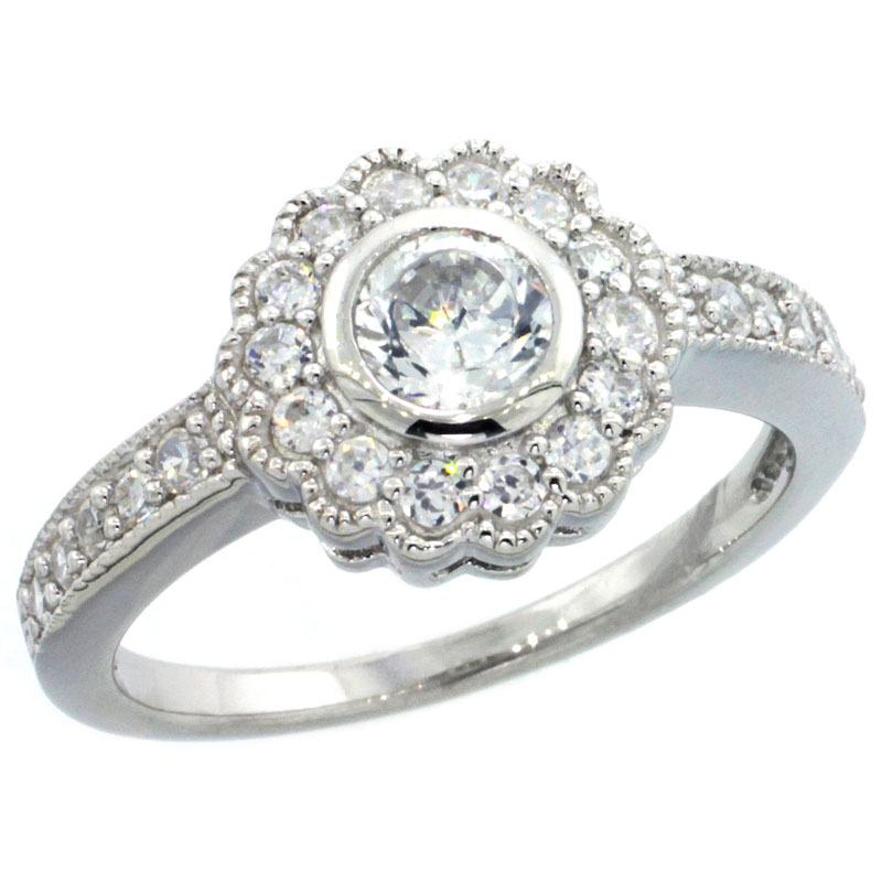 Sterling Silver Vintage Style Cubic Zirconia Halo Ring Round � ct Center 7/16 inch wide, sizes 6-9