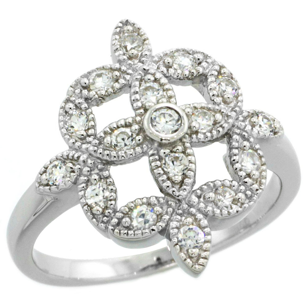 Sterling Silver Vintage Style Cubic Zirconia Flower Ring 11/16 inch wide, sizes 6-9