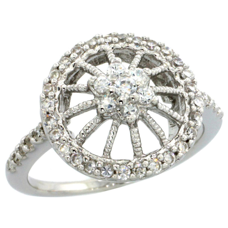 Sterling Silver Vintage Style Cubic Zirconia Flower Wheel Ring 9/16 inch wide, sizes 6-9
