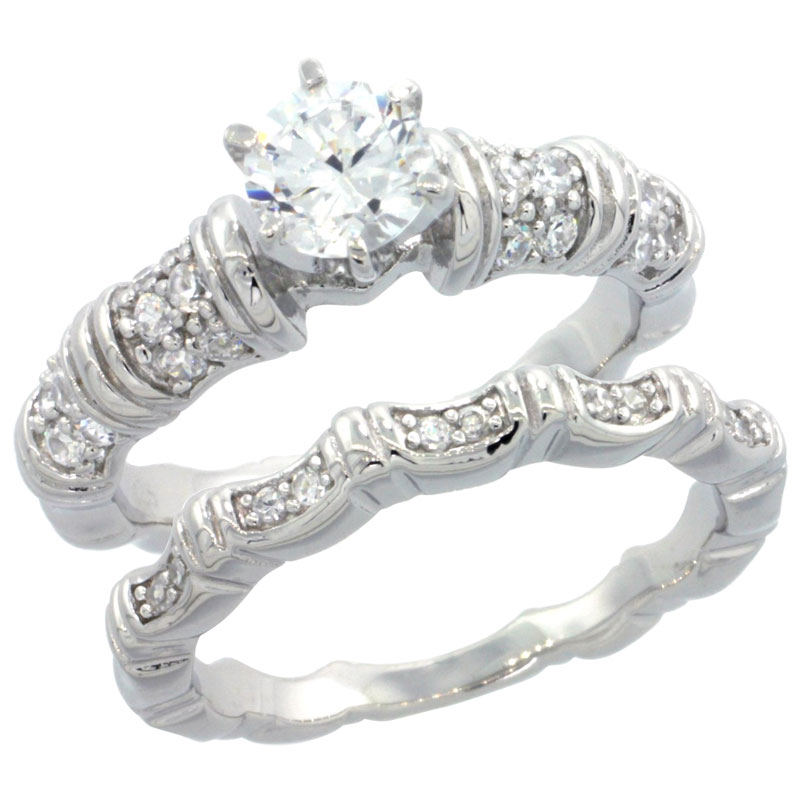 Sterling Silver Vintage Style Cubic Zirconia Bamboo Engagement Ring 2 pc Set 1 ct Center, sizes 6-9