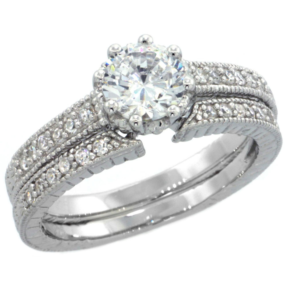 Sterling Silver Vintage Style Cubic Zirconia Engagement Ring 2 pc Set 1ct Center, sizes 6-9