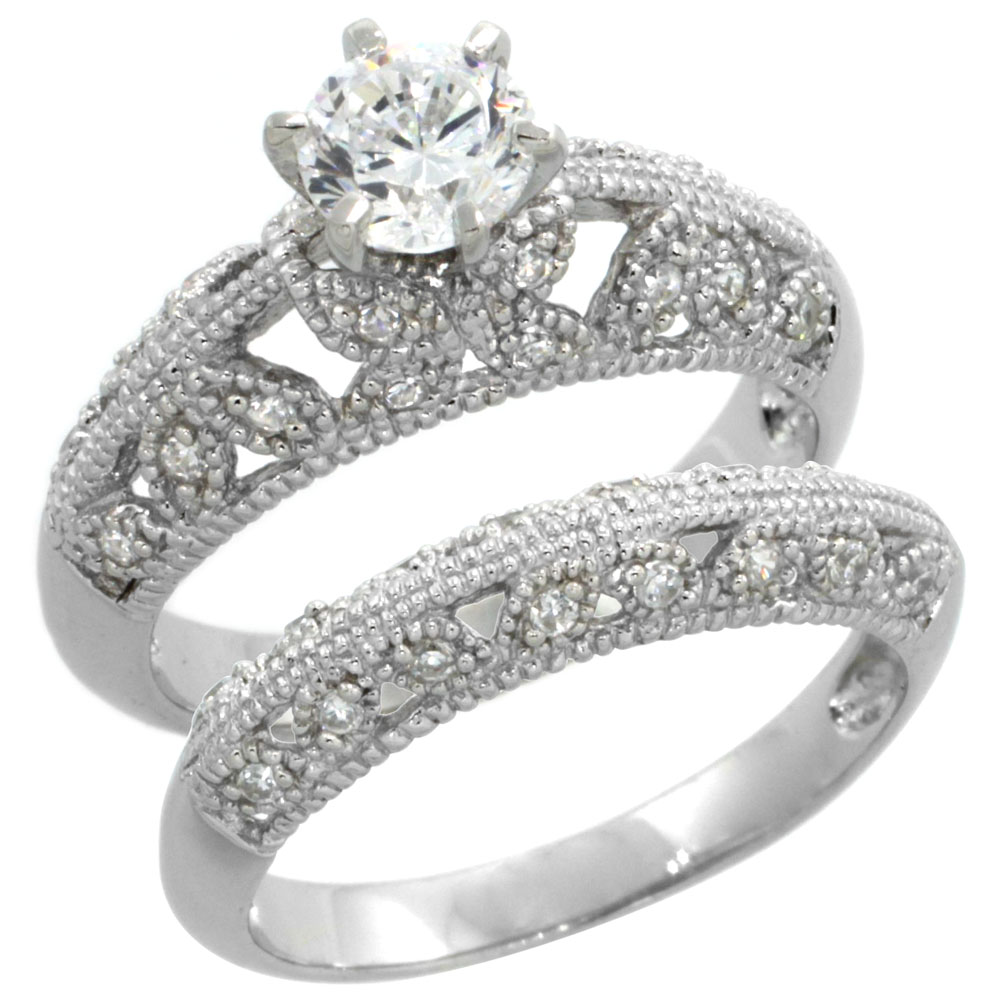 Sterling Silver Vintage Style Cubic Zirconia Engagement Ring 2 pc Set Butterfly Motif, sizes 6-9