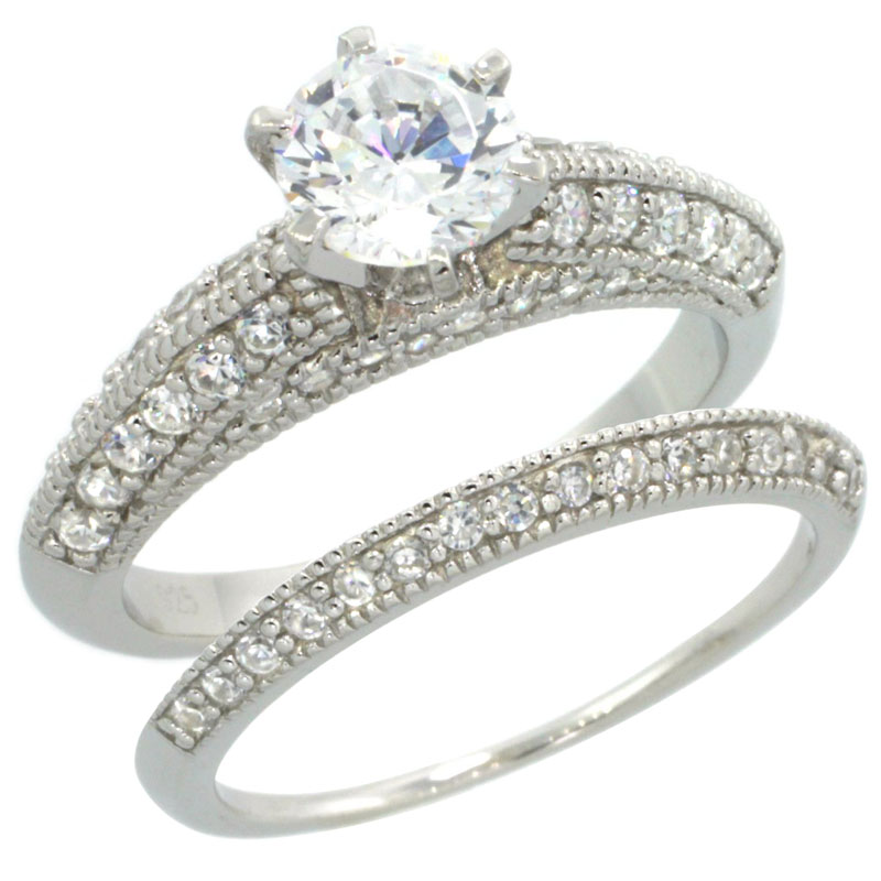 Sterling Silver Vintage Style Cubic Zirconia Engagement Ring 2 pc Set Round 1 ct Center, sizes 6-9