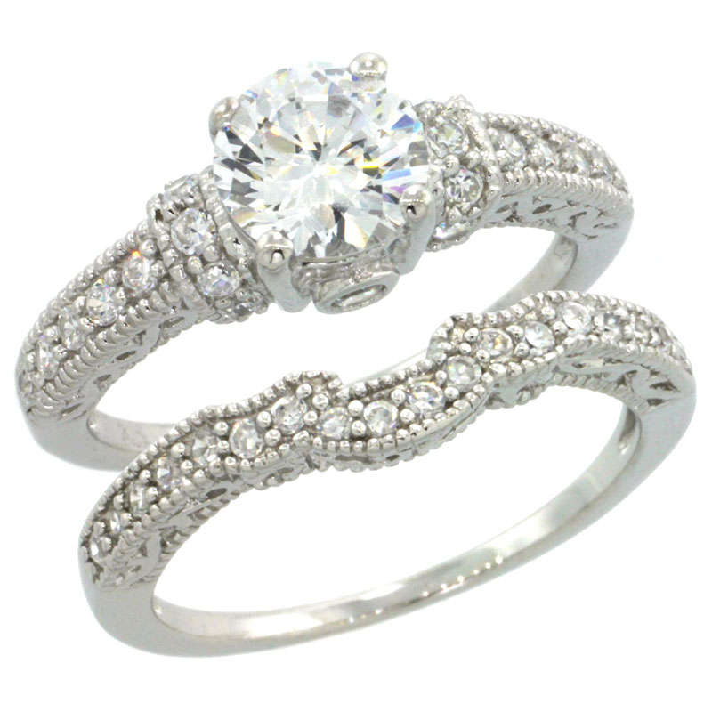 Sterling Silver Vintage Style Cubic Zirconia Engagement Ring 2 pc Set Round 1 1/4 ct Center, sizes 6-9