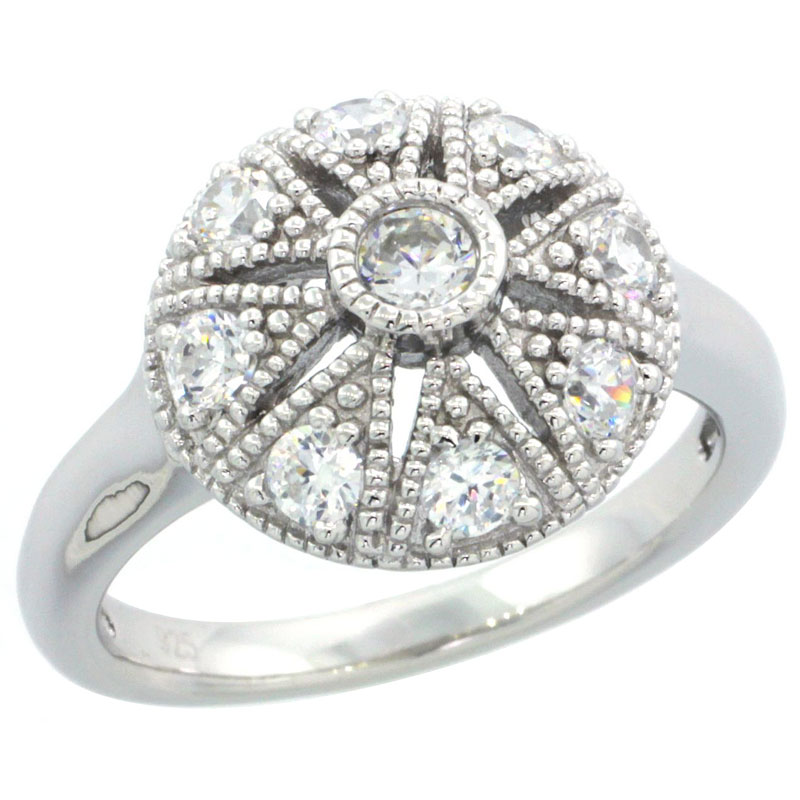 Sterling Silver Vintage Style Cubic Zirconia Engagement Ring Star Cut Out 1/2 inch wide, sizes 6-9