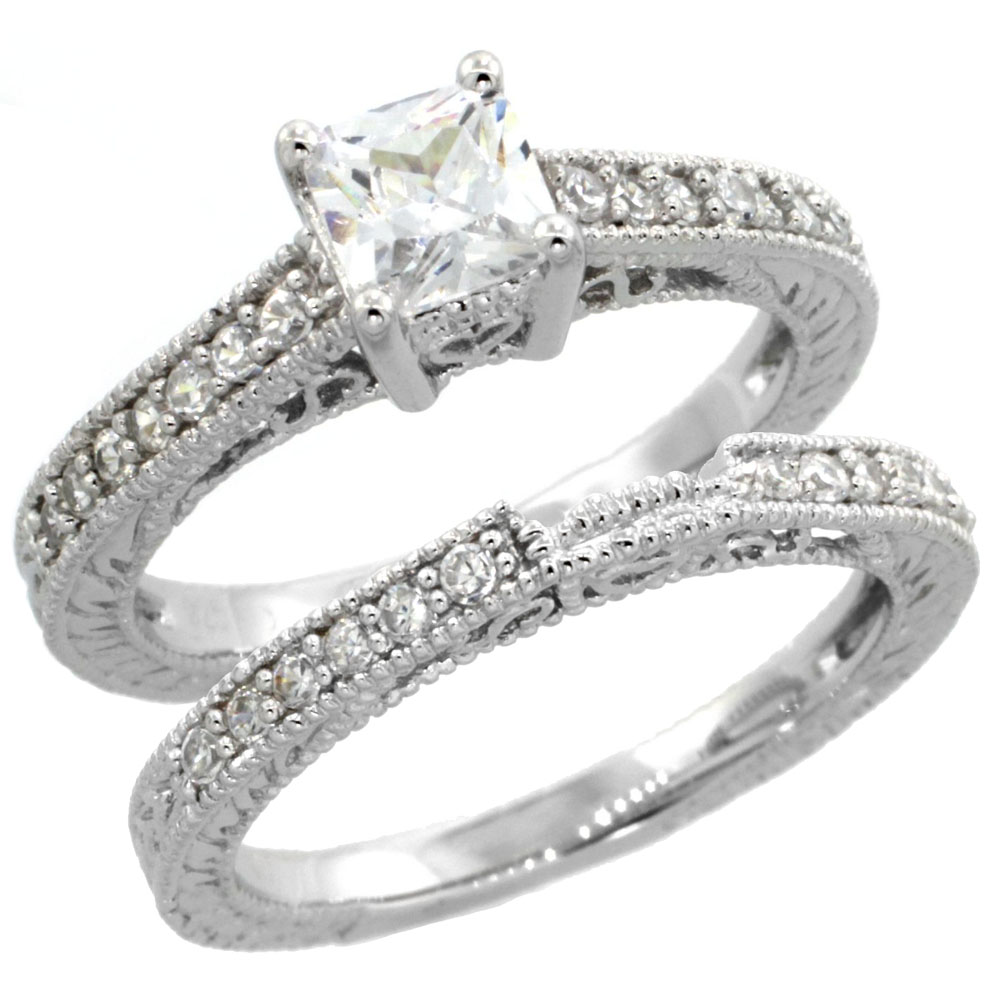 Sterling Silver Square Cubic Zirconia Engagement Ring 2 pc Set Princess � ct cntr, sizes 6-9