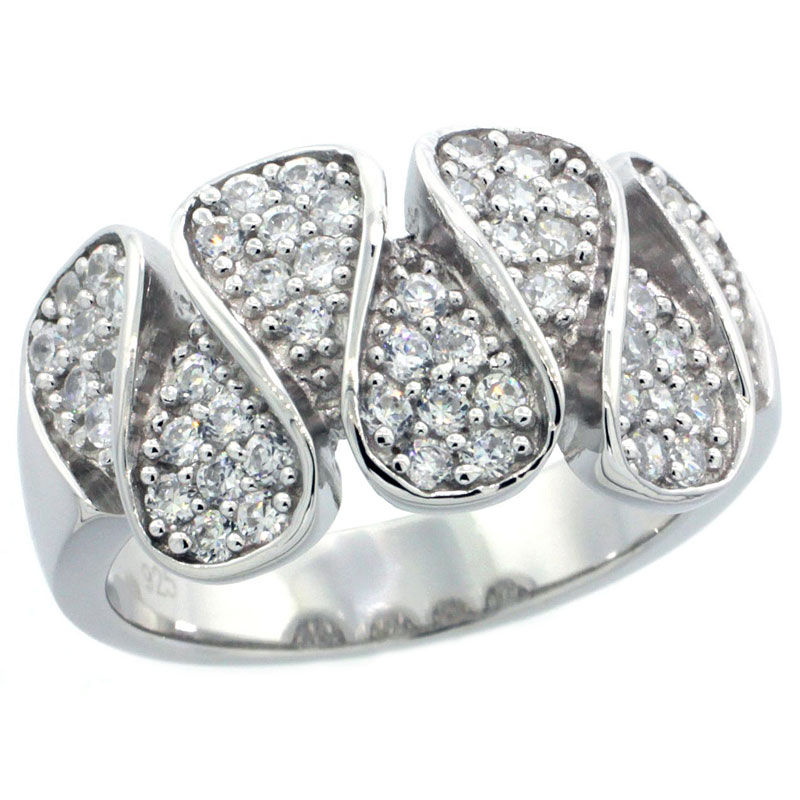 Sterling Silver Cubic Zirconia Wave Ring Micro Pave 7/16 inch wide, sizes 6-9