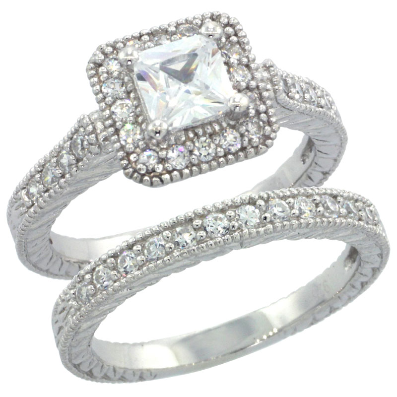 Sterling Silver Square Cubic Zirconia Halo Engagement Ring 2 pc Set Princess � ct cntr, sizes 6-9