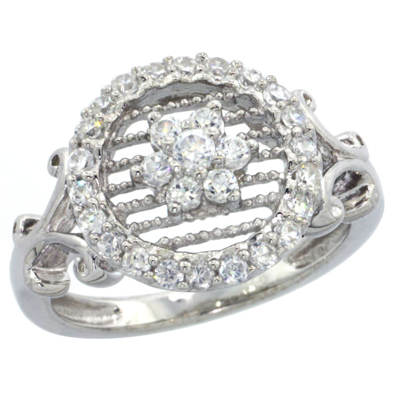 Sterling Silver Vintage Style Cubic Zirconia Halo Flower Engagement Ring 1/2 inch wide, sizes 6-9