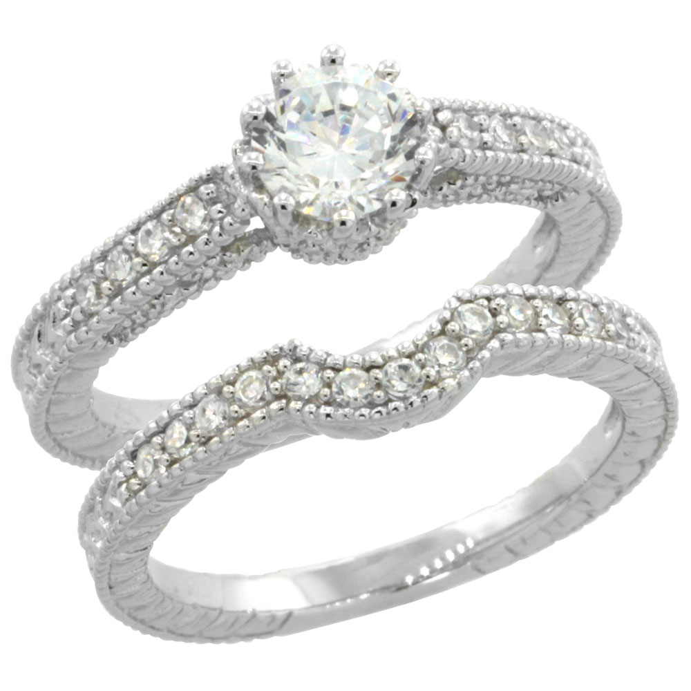 Sterling Silver Cubic Zirconia Engagement Ring 2 pc Set 1 ct cntr Crown Setting, sizes 6-9