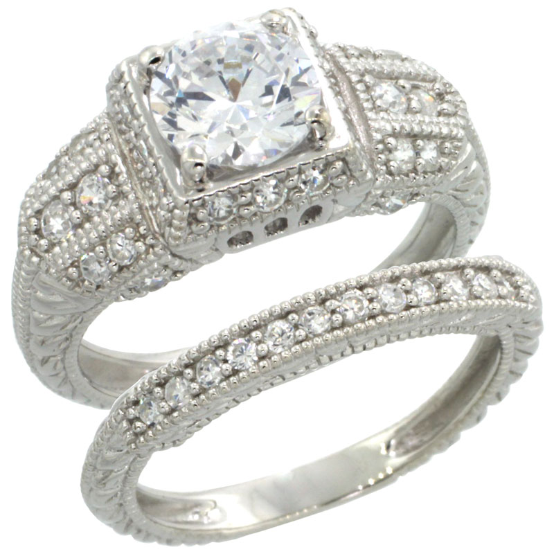 Sterling Silver Vintage Style Cubic Zirconia Engagement Ring 2 pc Set 1 � Center, sizes 6-9