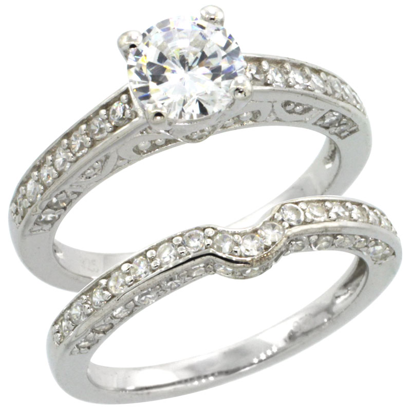 Sterling Silver Vintage Style Cubic Zirconia Engagement Ring 2 pc Set 1 � ct Center, sizes 6-9