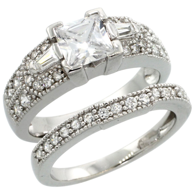 Sterling Silver Square Cubic Zirconia Engagement Ring 2 pc Set Princess 1 � ct Baguette Sides, sizes 6-9