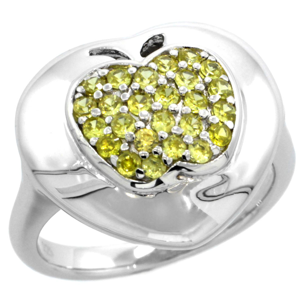Sterling Silver Citrine Cubic Zirconia Apple Ring Heart Background Micro Pave, 5/8 inch wide, sizes 6-9