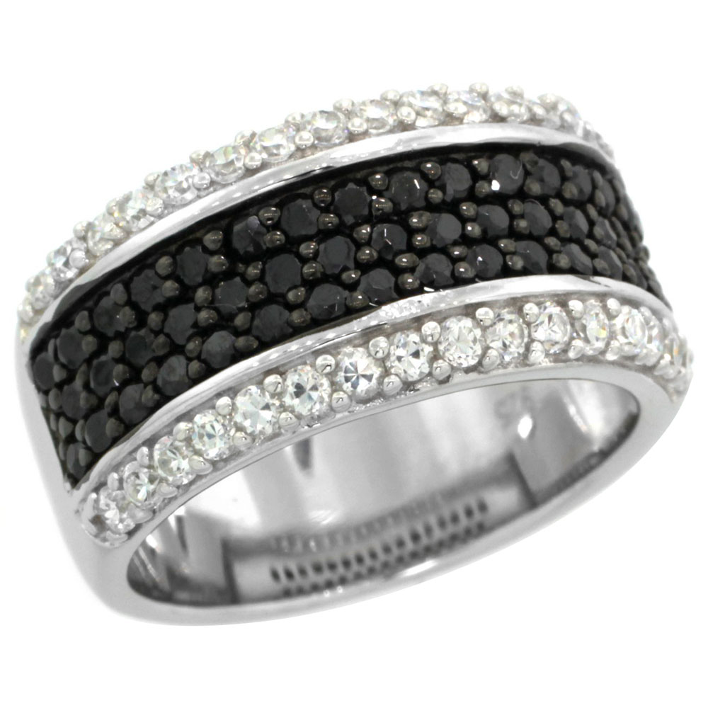 Sterling Silver Cubic Zirconia Black & White Ring Micro pave, 3/8 inch wide, sizes 6-9