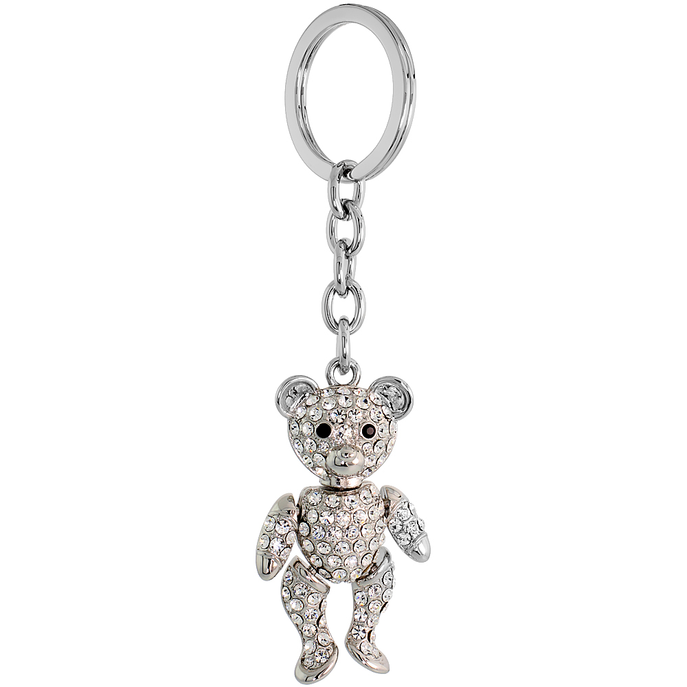 SABRINA SILVER MOVABLE TEDDY BEAR KEY CHAIN CRYSTAL KEY RING FOR WOMEN AUSTRIAN ELEMENTS CLEAR BLACK 4 1/2 INCHES LONG