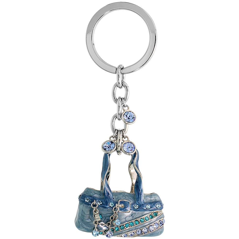 BLUE PURSE HAND BAG KEY CHAIN KEY RING KEY HOLDER KEY TAG KEY FOB W/ BRILLIANT CUT BLUE TOPAZ-COLOR & AQUAMARINE-COLOR AUSTRIAN CRYSTALS 4" TALL