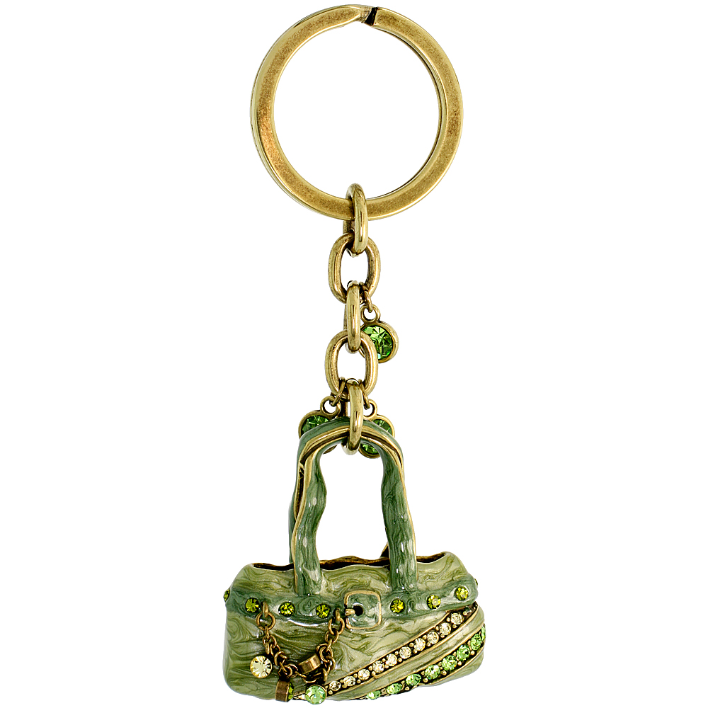 SABRINA SILVER GREEN PURSE HAND BAG KEY CHAIN CRYSTAL KEY RING FOR WOMEN AUSTRIAN ELEMENTS PERIDOT COLOR YELLOW TOPAZ COLOR 4 INCHES LONG