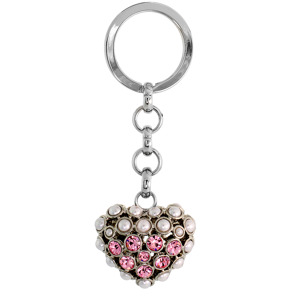 PUFFED HEART KEY CHAIN KEY RING KEY HOLDER KEY TAG KEY FOB W/ BEADS & BRILLIANT CUT PINK TOPAZ-COLOR AUSTRIAN CRYSTALS 3-1/2" TALL