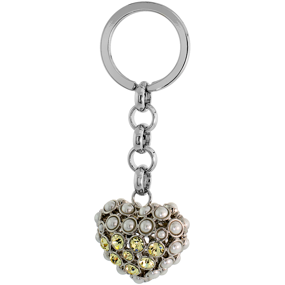 SABRINA SILVER PUFFED HEART KEY CHAIN CRYSTAL KEY RING FOR WOMEN AUSTRIAN ELEMENTS BEADS YELLOW TOPAZ COLOR 3 1/2 INCHES LONG