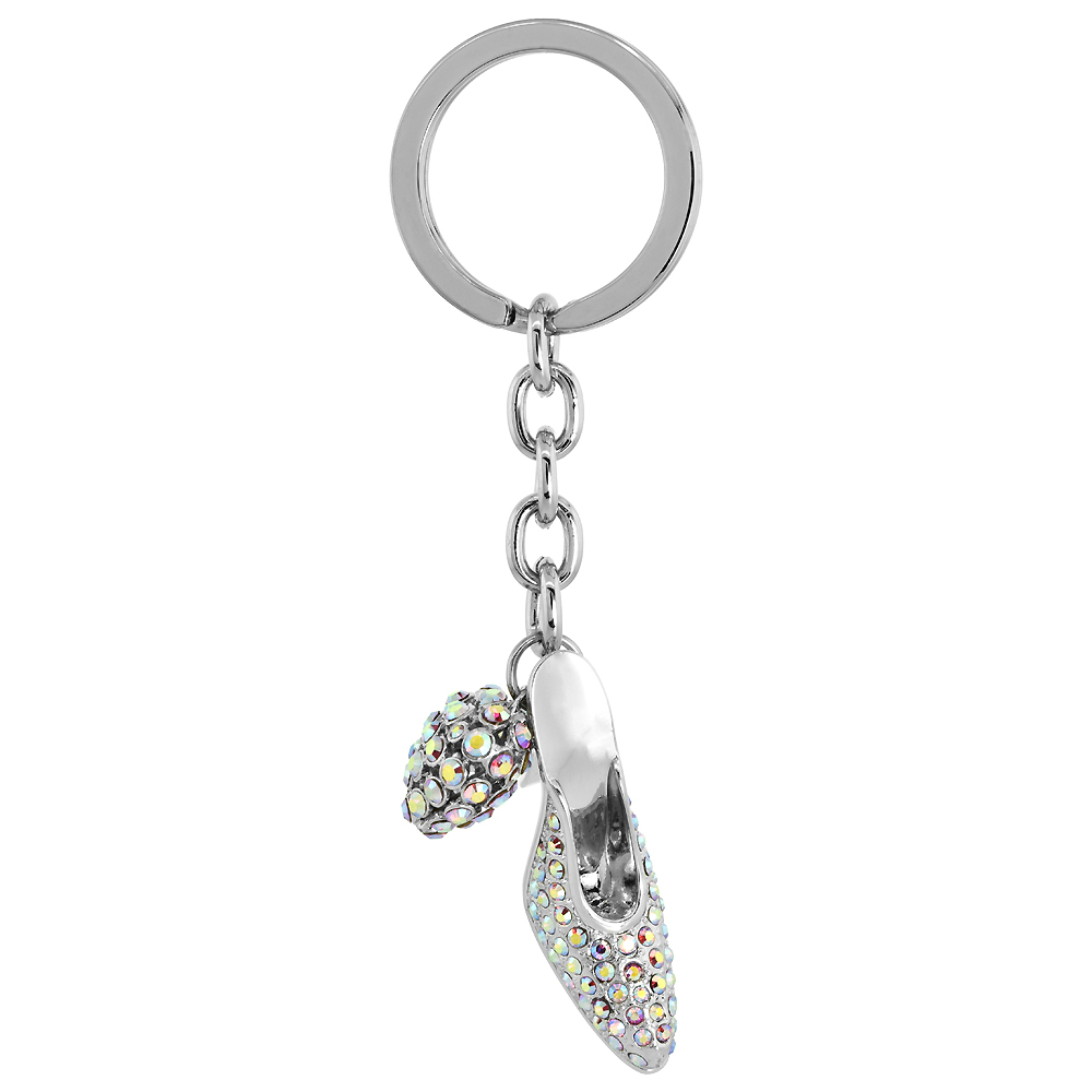 SABRINA SILVER HIGH HEEL SHOE HEART KEY CHAIN CRYSTAL KEY RING FOR WOMEN AUSTRIAN ELEMENTS PINK 4 3/8 INCHES LONG