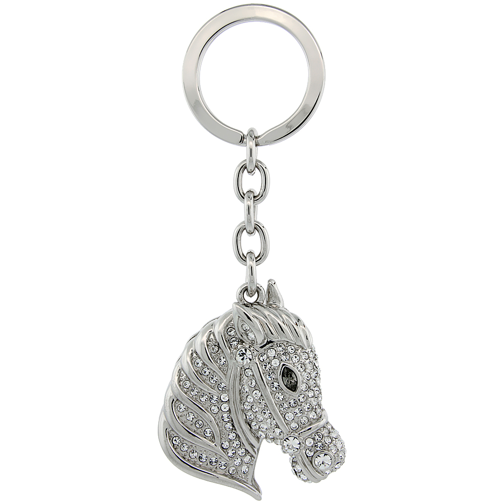 SABRINA SILVER HORSE HEAD KEY CHAIN CRYSTAL KEY RING FOR WOMEN AUSTRIAN ELEMENTS 4 INCHES LONG