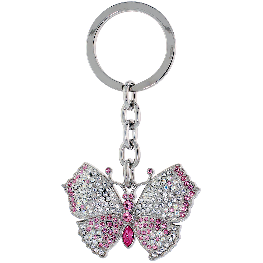 SABRINA SILVER LARGE BUTTERFLY KEY CHAIN CRYSTAL KEY RING FOR WOMEN AUSTRIAN ELEMENTS CLEAR PINK TOPAZ COLOR 3 1/2 INCHES LONG