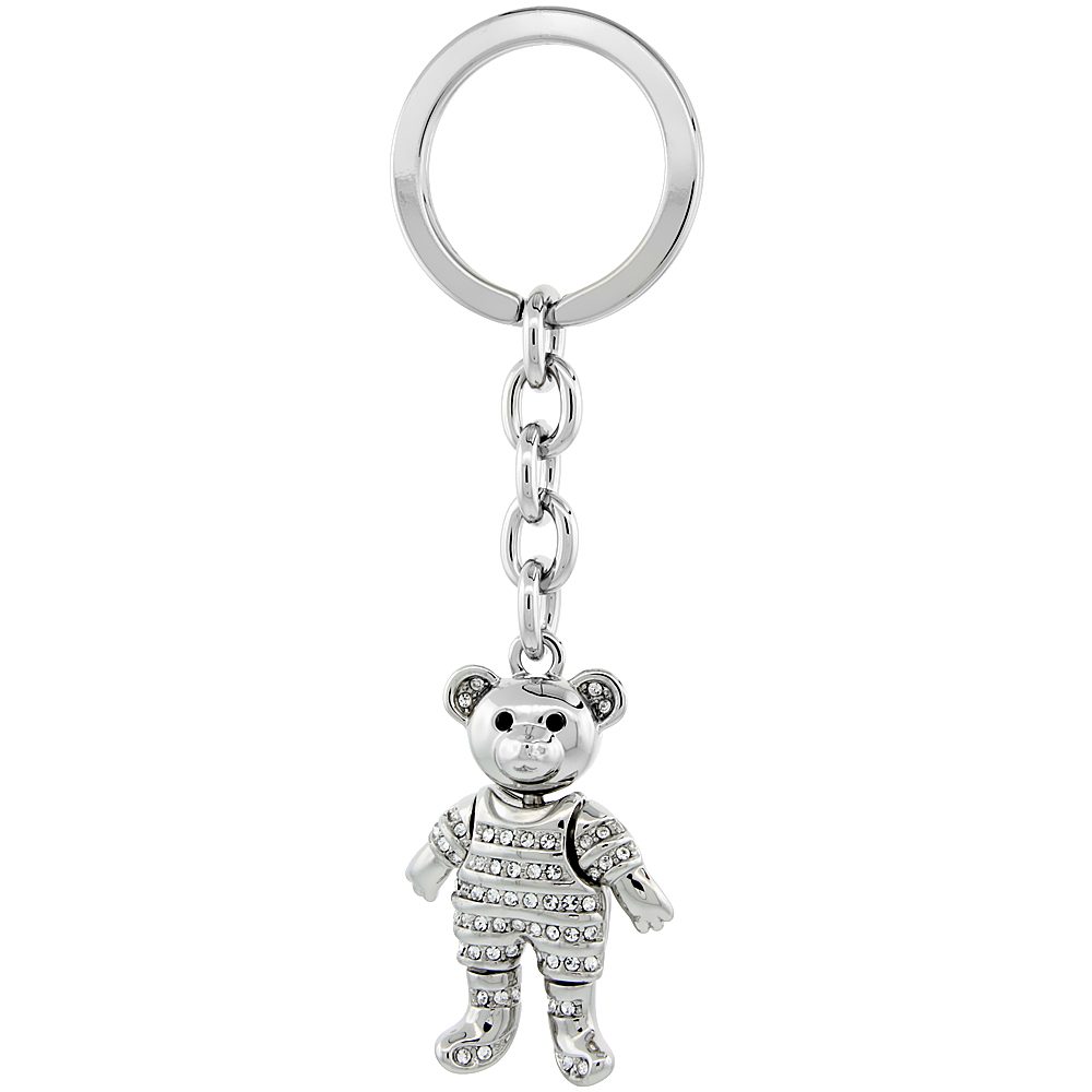 SABRINA SILVER MOVABLE TEDDY BEAR KEY CHAIN CRYSTAL KEY RING FOR WOMEN AUSTRIAN ELEMENTS 4 INCHES LONG