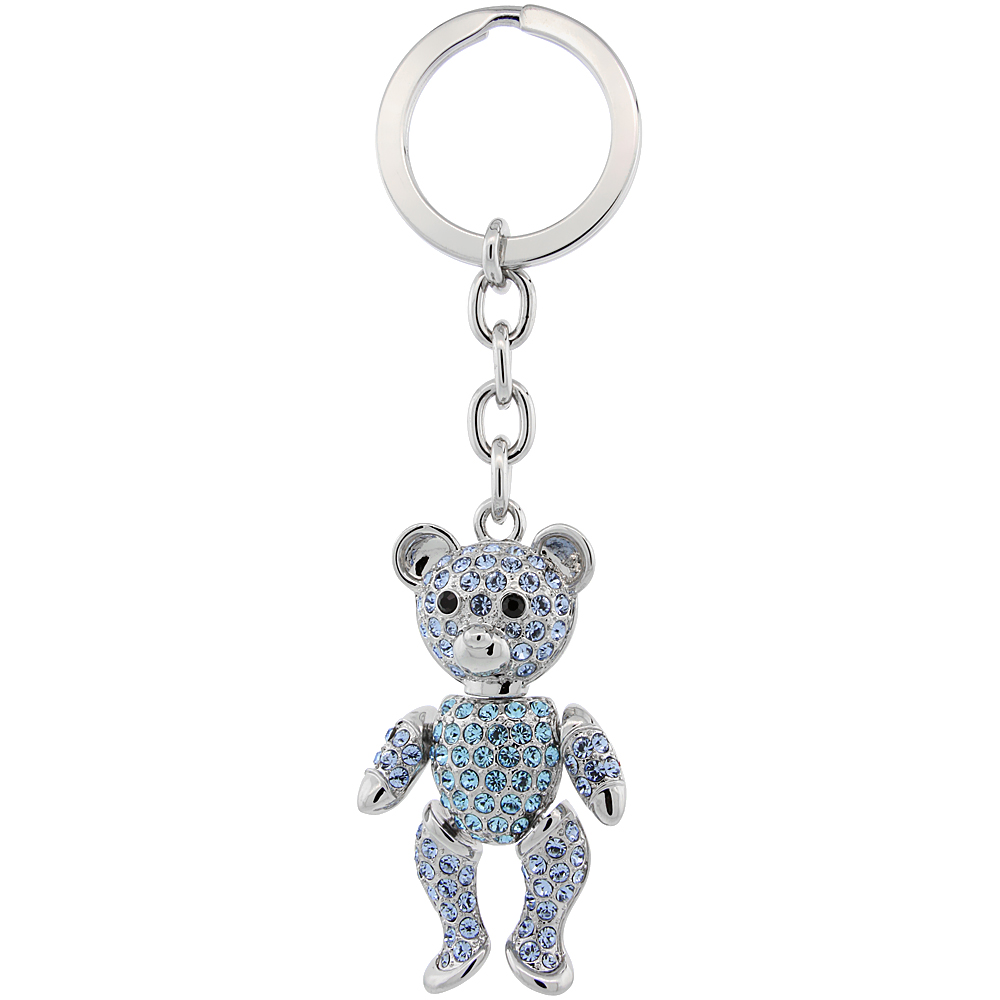 SABRINA SILVER MOVABLE TEDDY BEAR KEY CHAIN CRYSTAL KEY RING FOR WOMEN AUSTRIAN ELEMENTS BLUE TOPAZ COLOR 4 1/2 INCHES LONG