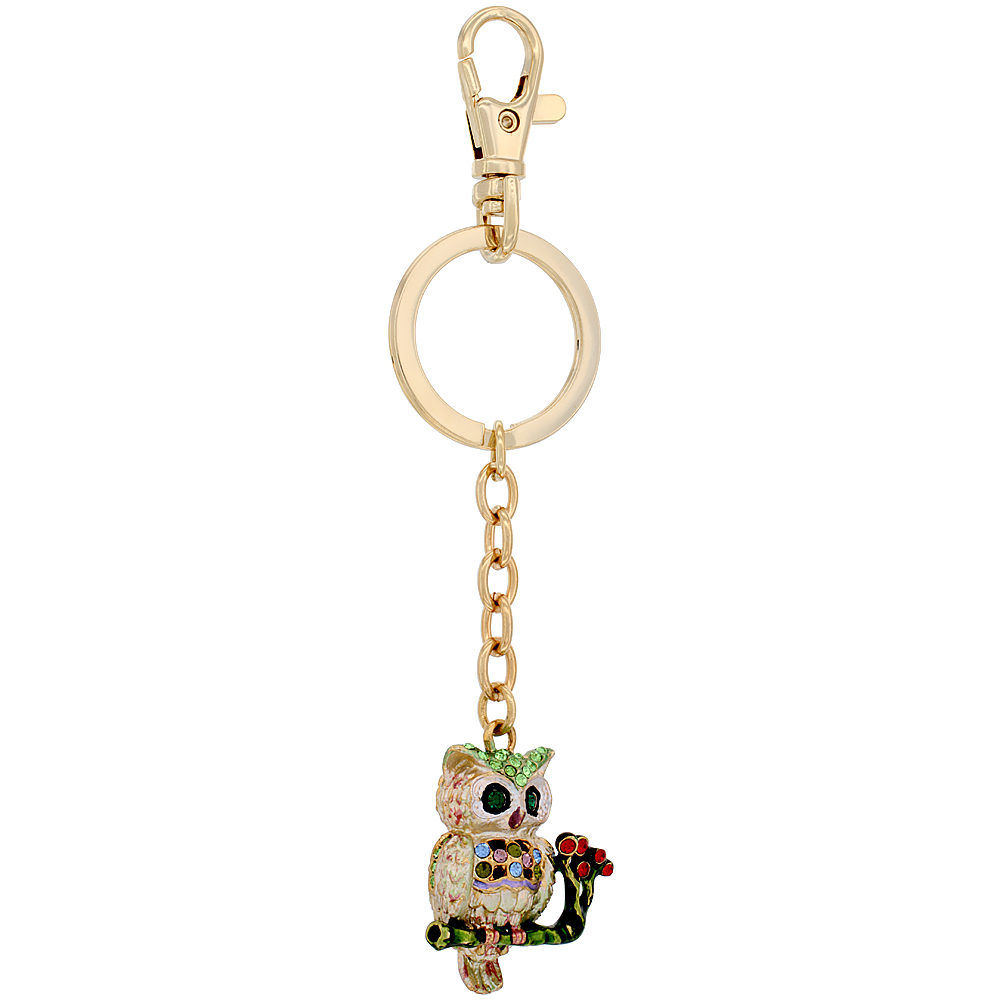 SABRINA SILVER OWL KEY CHAIN CRYSTAL KEY RING FOR WOMEN AUSTRIAN ELEMENTS MULTI COLOR 3 1/2 INCHES LONG