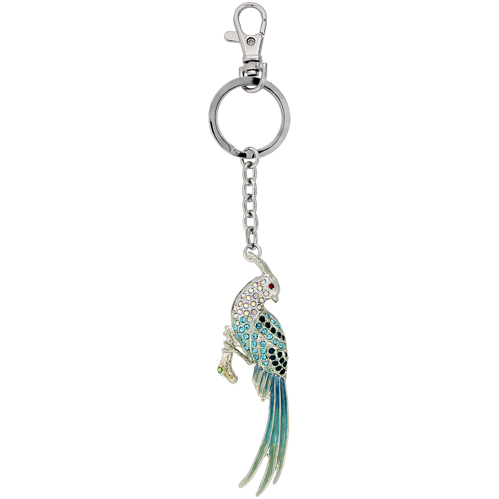 SABRINA SILVER MULTI COLOR BIRD PHEASANT KEY CHAIN CRYSTAL KEY RING FOR WOMEN AUSTRIAN ELEMENTS CLEAR RUBY PERIDOT BLUE TOPAZ COLOR 6 INCHES LONG