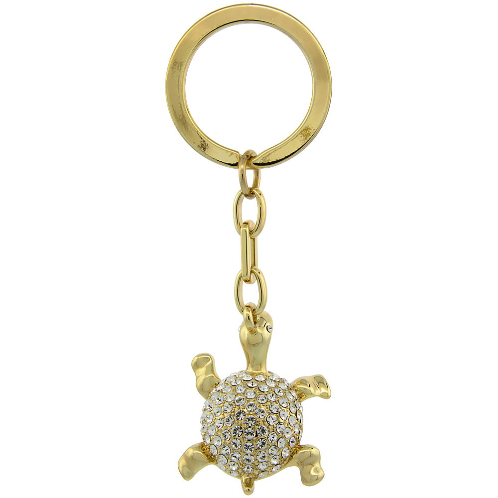 SABRINA SILVER GOLD TONE TURTLE TORTOISE KEY CHAIN CRYSTAL KEY RING FOR WOMEN AUSTRIAN ELEMENTS 3 INCHES LONG