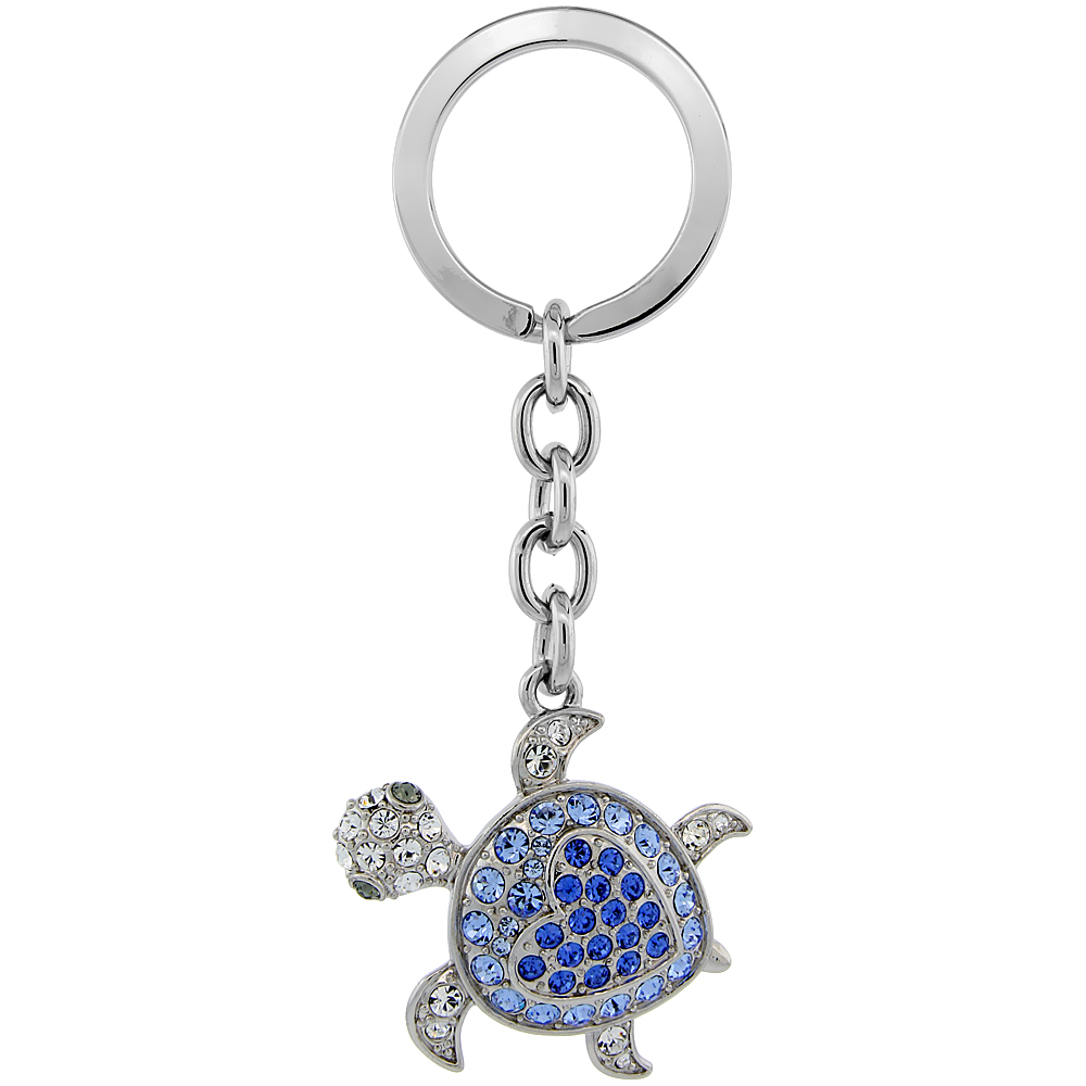 JEWELED TORTOISE TURTLE KEY CHAIN KEY RING KEY HOLDER KEY TAG KEY FOB BLUE SAPPHIRE AUSTRIAN CRYSTALS 3-1/2"" TALL