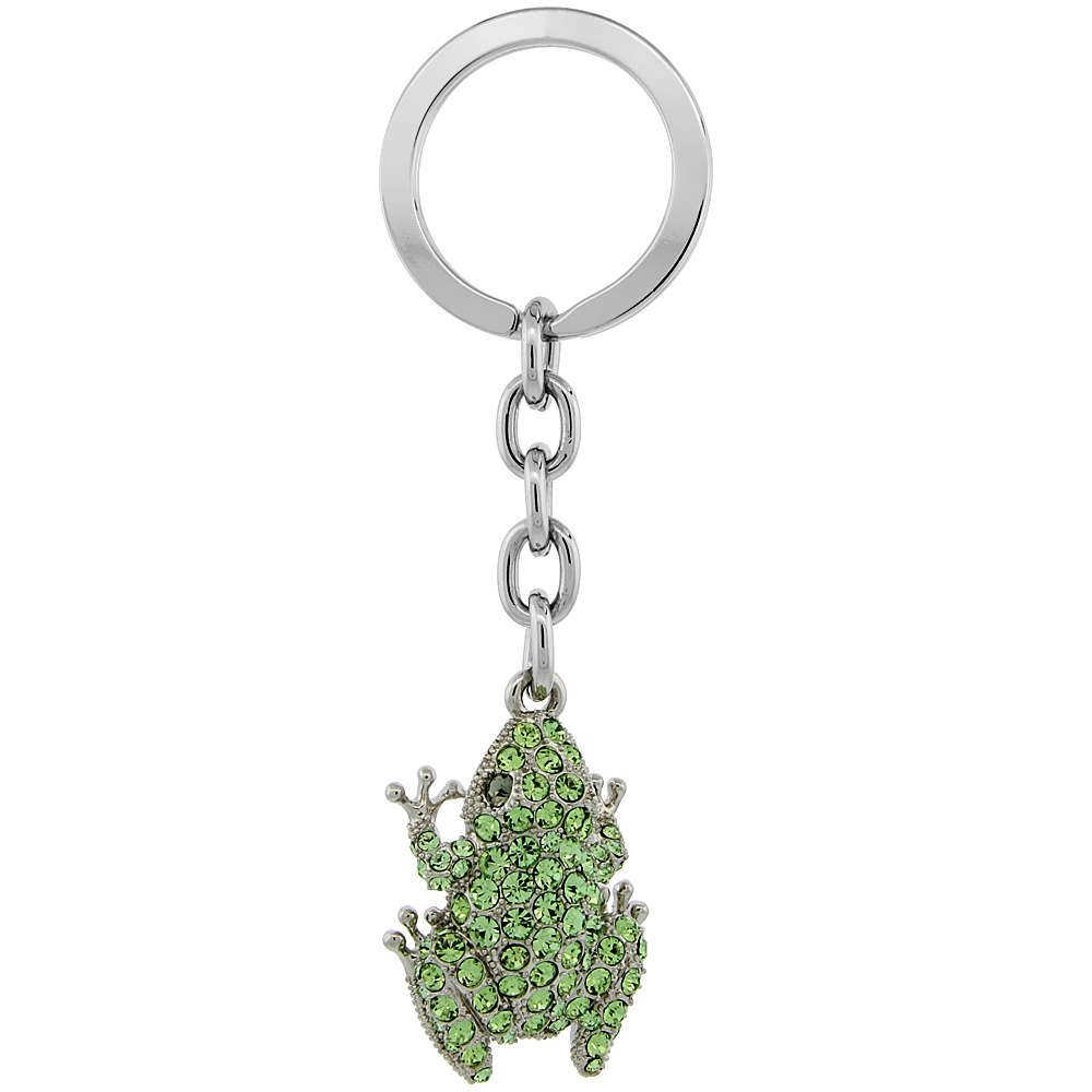 Sabrina Silver Jeweled Frog Key Chain Crystal Key Ring for Women Swarovski Elements Green Peridot Colored 3 1/2 inches long