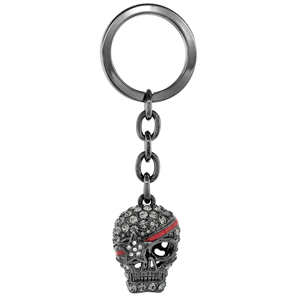 SABRINA SILVER PIRATE SKULL KEY CHAIN KEY RING KEY HOLDER KEY TAG KEY FOB FOR WOMEN AUSTRIAN ELEMENTS CRYSTAL STAR EYE PATCH BLACK FINISH 3 3/4 INCH LONG